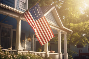 USA flag on corner of living house. Symbol of patriotism. Building with waving national american flag. Generative AI