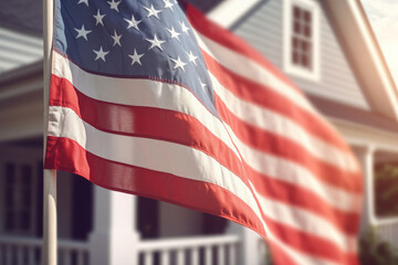USA flag on corner of living house. Symbol of patriotism. Building with waving national american flag. Generative AI