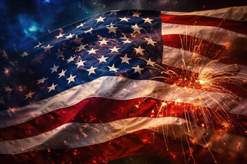 USA national flag background. Festive banner with national american flag against fireworks for patriotic holiday celebrating. Created with Generative AI