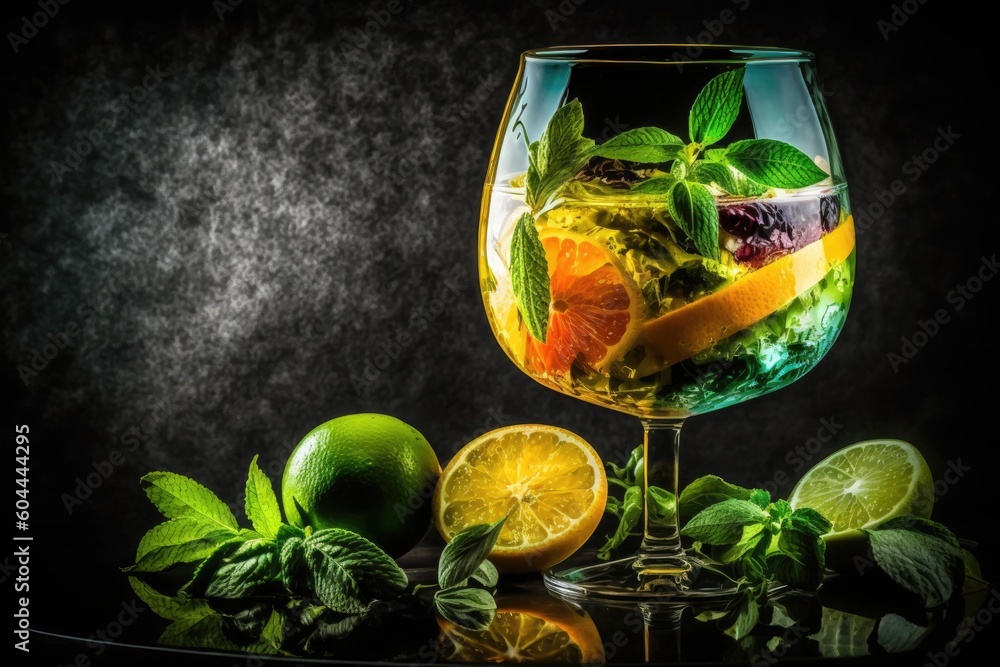 Poster refreshing drink with lime slices on the side. generative ai