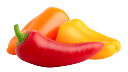 Three mini sweet peppers, red, yellow, orange, isolated on a white background