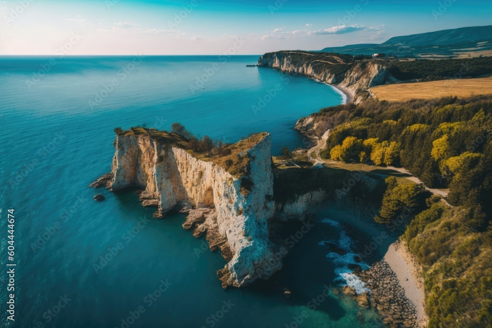 Poster an aerial view of a beautiful beach with rocky cliffs in the background. generative ai