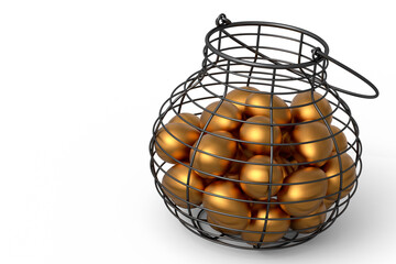 Luxury gold eggs in metal basket or paper cardboard for morning breakfast