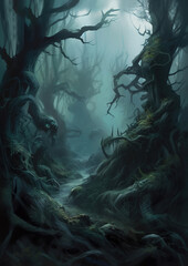 creepy forest with gnarled trees, thick fog, and glowing eyes peering out from the darkness. Oil paint style, generative ai 