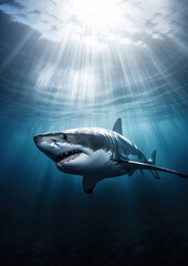 Naklejka premium Great white shark swimming under the sea, generative ai 