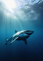 Obraz premium Great white shark swimming under the sea, generative ai 