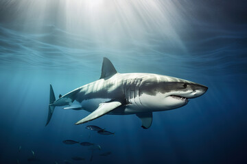 Fototapeta premium Great white shark swimming under the sea, generative ai 