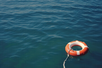 Life buoy on blue water. Rescue on the sea, generative ai 