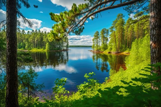 serene lake surrounded by lush trees and foliage. Generative AI