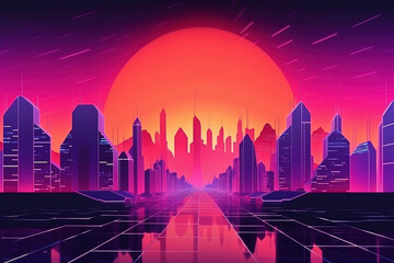 Retro futuristic synthwave retrowave cityscape, generative ai 