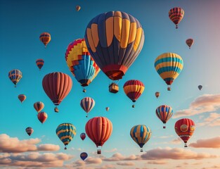 Fototapeta premium A collection of brightly colored hot air balloons in a clear blue sky with Generative AI.