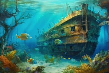 surreal underwater scene with colorful coral, tropical fish, and a shipwreck in the distance. Oil paint style, generative ai 