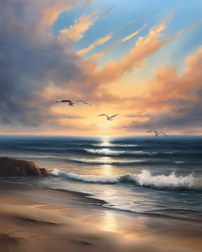 serene beach scene at sunset, with gentle waves lapping at the shore and seagulls flying in the distance. Oil paint style, generative ai 