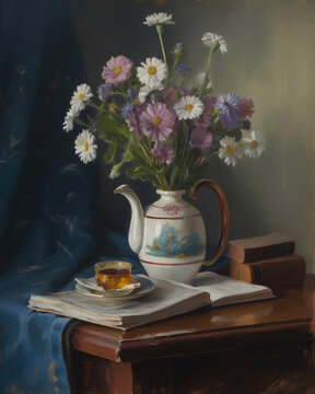 still life of a vase of flowers on a table, with a book and a cup of tea beside it. Oil paint  style, generative ai 