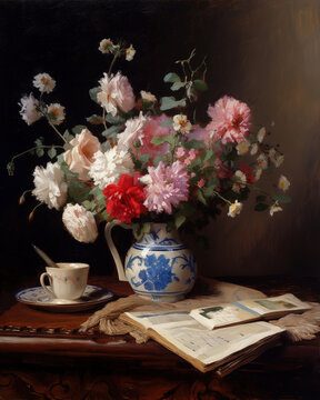 still life of a vase of flowers on a table, with a book and a cup of tea beside it. Oil paint  style, generative ai 