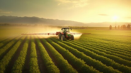 A spring generation soybean field being sprayed with pesticides by tractor. (Generative AI) - obrazy, fototapety, plakaty