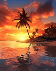 AI-generated tropical beach sunset with palm tree. (Generative AI)