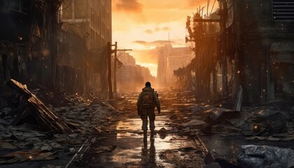 A lone soldier walks in a destroyed city. (Generative AI)