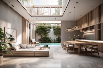 luxury interior design in pool villas' living rooms. A spacious, well lit area with a tall, elevated ceiling and a wooden dining table. Generative AI