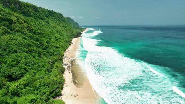 2023 - Excellent aerial footage approaching waves lapping the shores of Nyang Nyang Beach in Bali, abutting green fields.