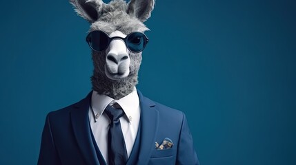 AI generated portrait of a man in a business suit, his head replaced by a llama's, symbolizing curiosity in business