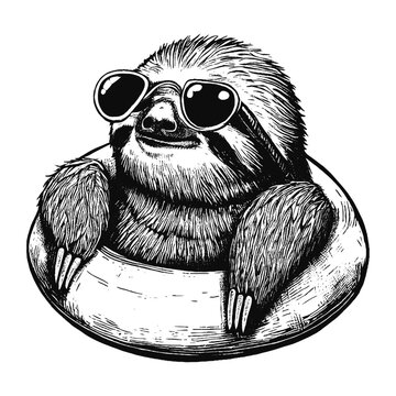 cool sloth wearing sunglasses in a swimming ring vector sketch