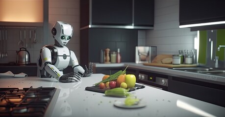 Neural depiction of human-like robot performing culinary tasks within household kitchen, showcasing future domestic life