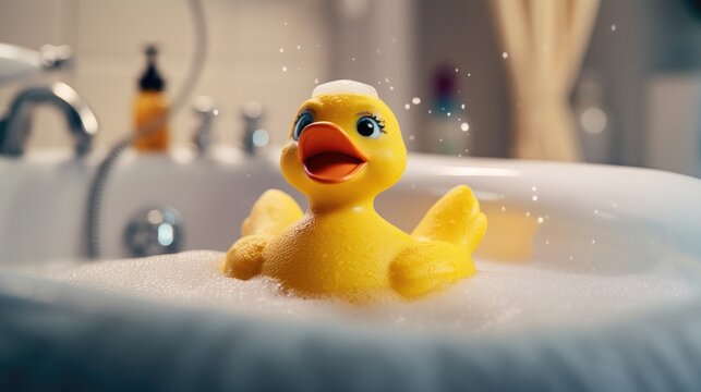 Yellow duck toy in the bathtub. Generative AI