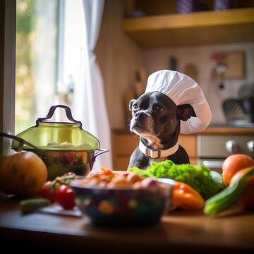 A Boston Terrier cooking and wearing a chef hat. Generative AI. 