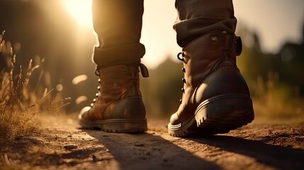 Close-up shot of male foot in hiking boots taking a step, an AI-generated, adventure of outdoor exploration