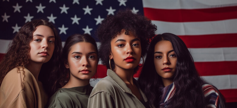group of teenagers girls stand in front USA flag with proud expression and symbol of new generations og women. Image Generative AI