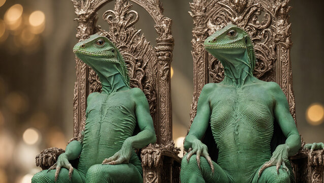 lizard humanoid rulers green skinned queen and king sitting on throne in the castle, generative AI