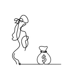 Woman silhouette body with dollar as line drawing picture on white
