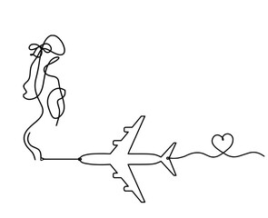 Woman silhouette body with plane as line drawing picture on white