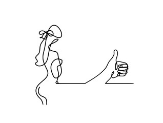 Woman silhouette body with hand as line drawing picture on white