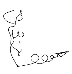 Woman silhouette body with paper plane as line drawing picture on white