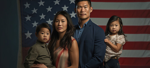 Fototapeta na wymiar Asian pacific islander family against USA flag. Roots,heritage concept. Image Generative AI.