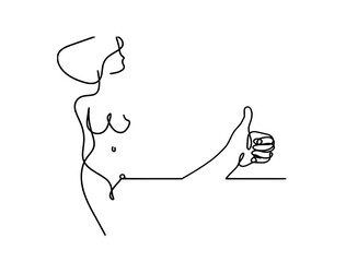 Woman silhouette body with hand as line drawing picture on white