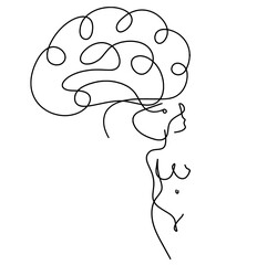Woman silhouette body with brain as line drawing picture on white