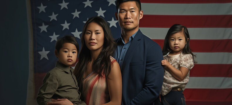 Asian pacific islander family against USA flag. Roots,heritage concept. Image Generative AI.