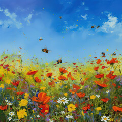 Fototapeta na wymiar A colorful field of wildflowers, with bees buzzing around and a bright blue sky in the background. Oil paint style, generative ai 