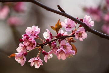 Obraz na płótnie Canvas Blooming sakura branch. Cherry blossom in spring. Spring sakura blossom on a tree branches, generative ai 