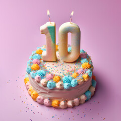 10th years birthday cake on isolated colorful pastel background. Generative Ai.