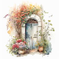 Cozy door with flowers watercolor. Illustration AI Generative.