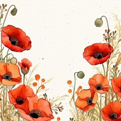 Red watercolor poppy flower frame. Illustration AI Generative.