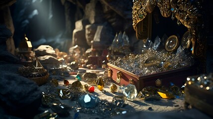 hidden treasure in a mysterious cave. generative AI illustration.