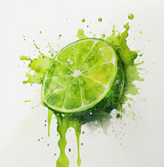 Watercolor lime. Illustration AI Generative.