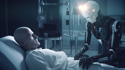 Fototapeta premium Robot doctor attentively treats a human male, in photorealistic representation of neural healthcare possibilities