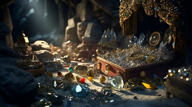 hidden treasure in a mysterious cave. generative AI illustration.
