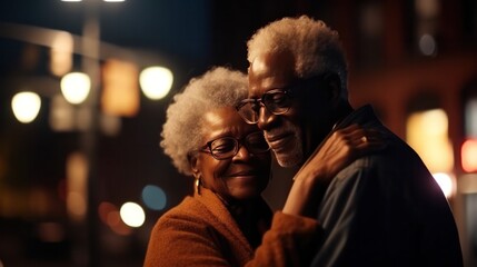 Obraz premium Warm portrait of senior black couple, hugging and sharing happiness on illuminated evening street, AI generated